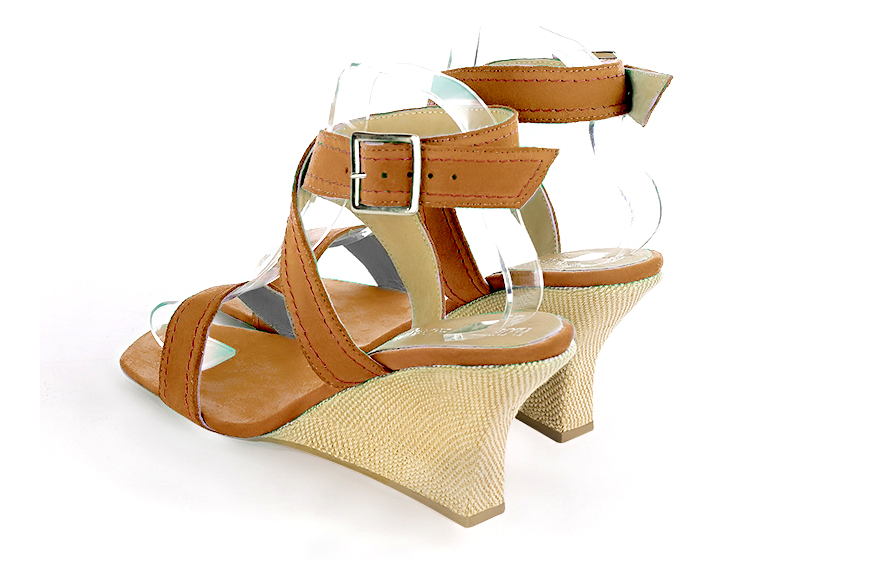 Women's camel beige elegant fully open cross straps sandals. Square toe. High wedge heels - Rear view